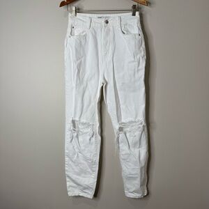 Zara 100% Cotton White‎ Distressed High Rise Tapered Leg Denim Jeans Sz 4